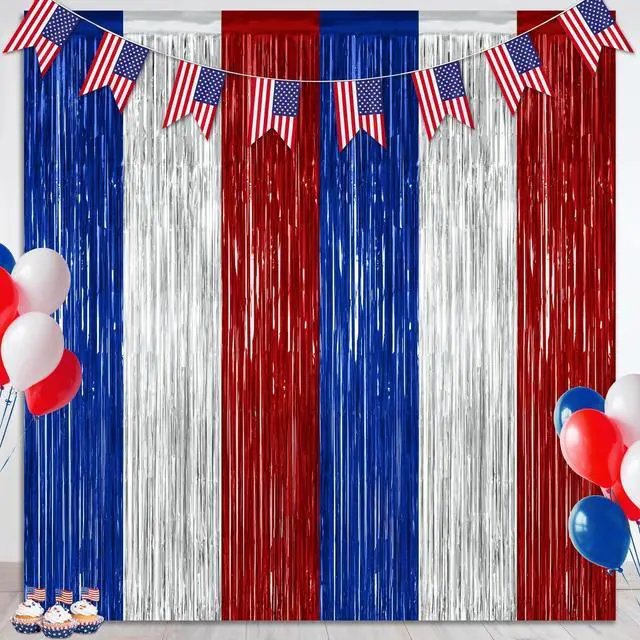 Main image of ZATAYE 2 Pack Blue Silver Red Foil Curtain Streamer Decorations