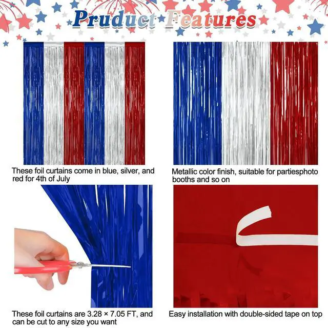 Alt view image 4 of 7 - ZATAYE 2 Pack Blue Silver Red Foil Curtain Streamer Decorations