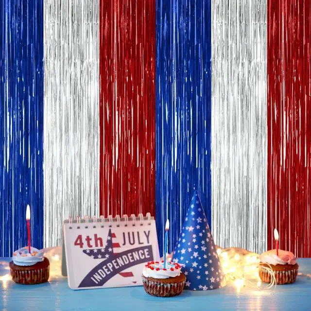 Alt view image 5 of 7 - ZATAYE 2 Pack Blue Silver Red Foil Curtain Streamer Decorations
