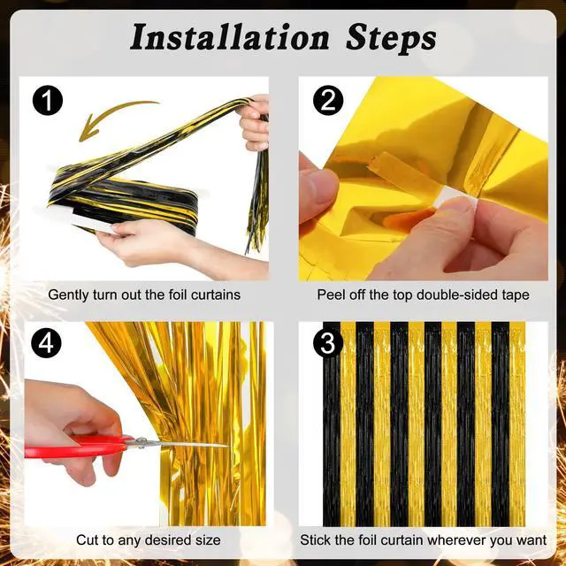 Alt view image 3 of 7 - ZATAYE 2 Pack Black Gold New Years Eve Foil Curtain Streamer Decorations