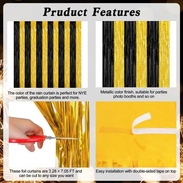 Alt view image 4 of 7 - ZATAYE 2 Pack Black Gold New Years Eve Foil Curtain Streamer Decorations