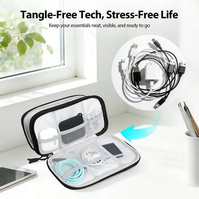 Alt view image 5 of 6 - Woyinger Double Layer Electronics Organizer, Travel Tech Pouch, Black