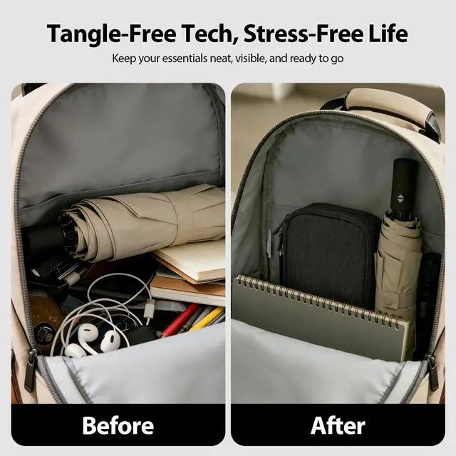 Alt view image 4 of 6 - Woyinger Double Layer Cable Organizer Bag Water-Resistant Tech Pouch Black