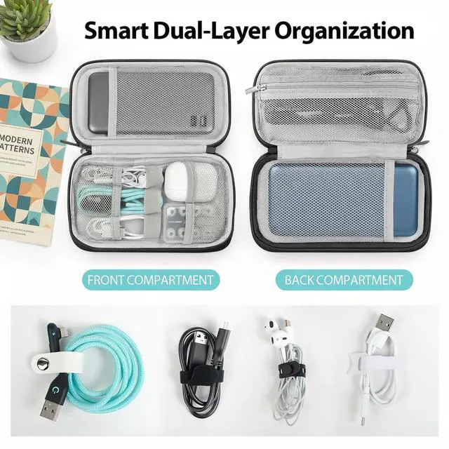 Alt view image 3 of 6 - Woyinger Double Layer Cable Organizer Bag Water-Resistant Tech Pouch Black