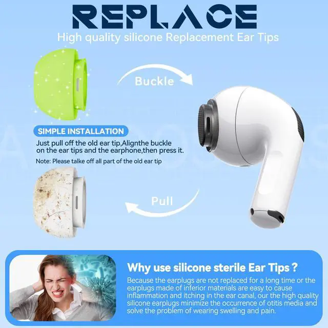 Alt view image 6 of 7 - Inesore 4 Pairs Replacement Ear Tips for AirPods Pro 2nd/1st (Fluorescent Green)