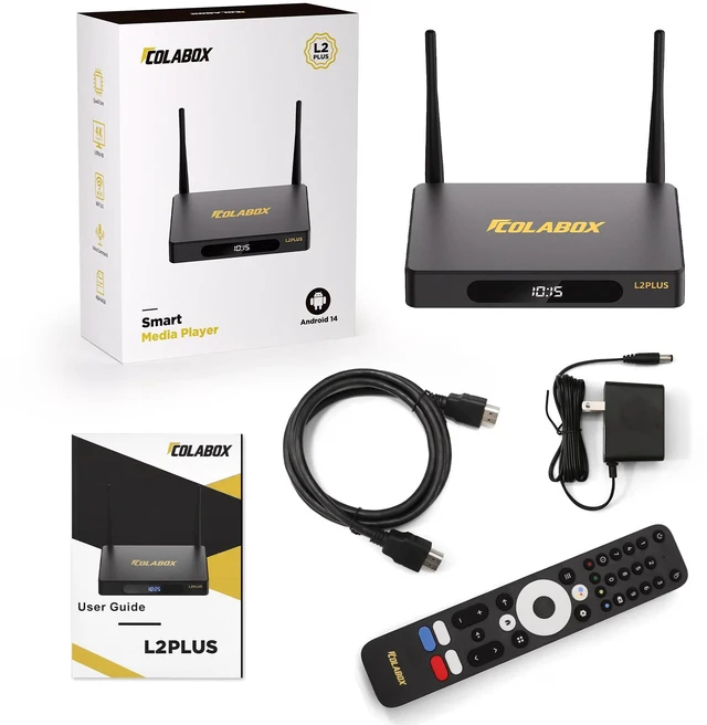 Main image of Cola L2 PLUS Smart Colabox TV Box 2026,4K Ultra HD Streaming Media Player, 4GB RAM 64GB ROM, Wi-Fi 6 & Gigabit Ethernet Dual Band Network, Android 14.0 OS with Voice Remote, Home Theater Plug and Play