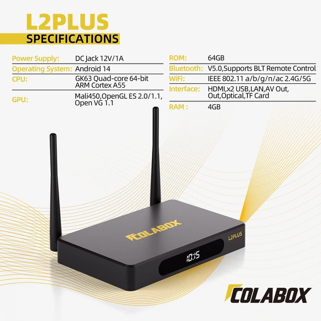 Alt view image 2 of 4 - Cola L2 PLUS Smart Colabox TV Box 2026,4K Ultra HD Streaming Media Player, 4GB RAM 64GB ROM, Wi-Fi 6 & Gigabit Ethernet Dual Band Network, Android 14.0 OS with Voice Remote, Home Theater Plug and Play