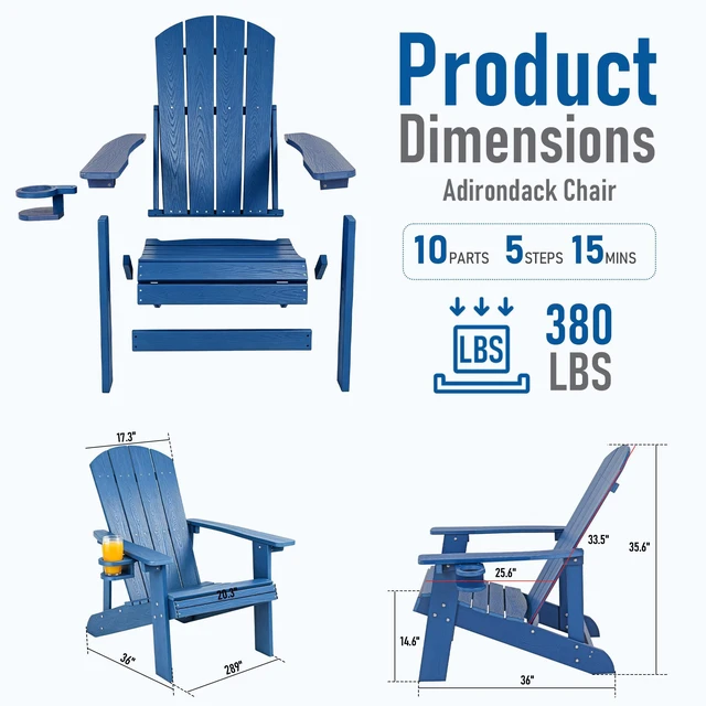 Alt view image 3 of 7 - HDPE Adirondack Chairs Set of 2, Outdoor Plastic Adirondack Chair with Cup Holders, All Weather Fire Pit Chair for Deck, Lawn, Backyard & Poolside, Blue
