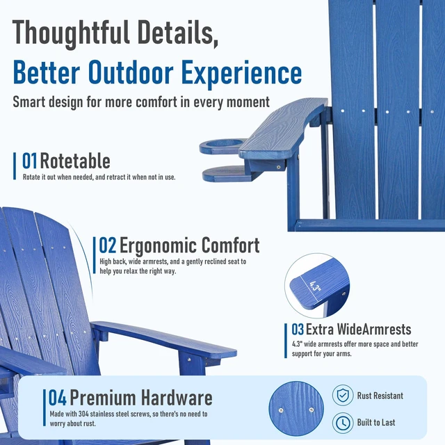Alt view image 4 of 7 - HDPE Adirondack Chairs Set of 2, Outdoor Plastic Adirondack Chair with Cup Holders, All Weather Fire Pit Chair for Deck, Lawn, Backyard & Poolside, Blue