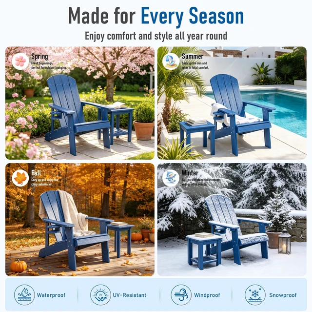 Alt view image 7 of 7 - HDPE Adirondack Chairs Set of 2, Outdoor Plastic Adirondack Chair with Cup Holders, All Weather Fire Pit Chair for Deck, Lawn, Backyard & Poolside, Blue