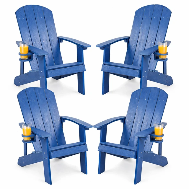 Main image of HDPE Adirondack Chairs Set of 4, Weather Resistant Patio Chair with Cup Holder, Wooden Textured, Fire Pit Chair for Deck Lawn Backyard & Poolside, Blue