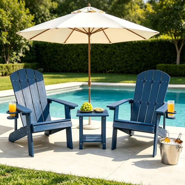Alt view image 2 of 7 - HDPE Adirondack Chairs Set of 4, Weather Resistant Patio Chair with Cup Holder, Wooden Textured, Fire Pit Chair for Deck Lawn Backyard & Poolside, Blue