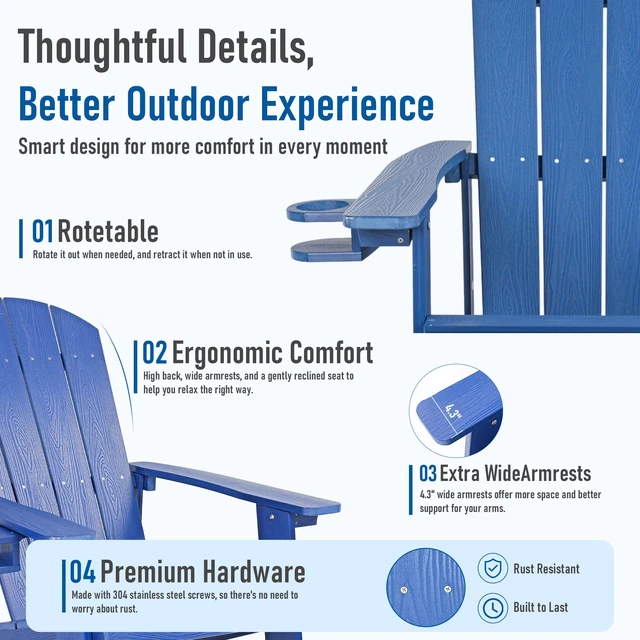 Alt view image 4 of 7 - HDPE Adirondack Chairs Set of 4, Weather Resistant Patio Chair with Cup Holder, Wooden Textured, Fire Pit Chair for Deck Lawn Backyard & Poolside, Blue