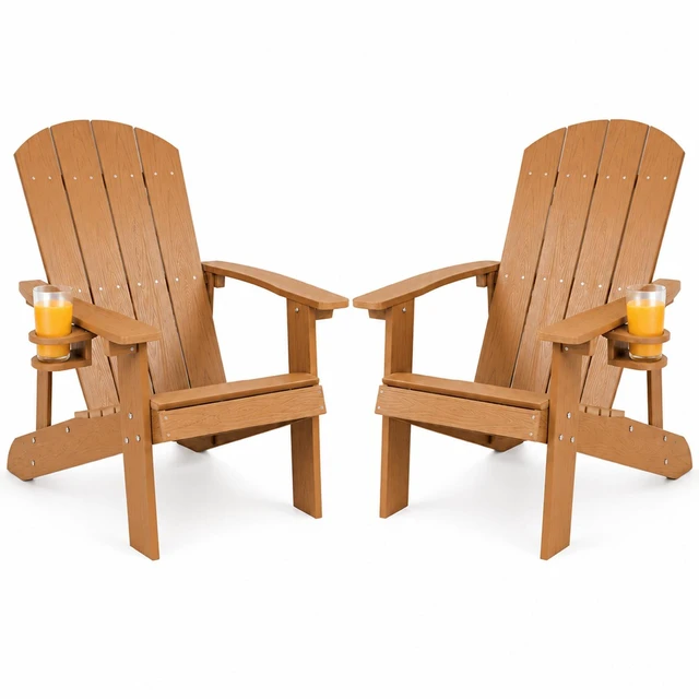 Main image of HDPE Adirondack Chairs Set of 2, Outdoor Plastic Adirondack Chair with Cup Holders, All Weather Fire Pit Chair for Deck, Lawn, Backyard & Poolside, Teak