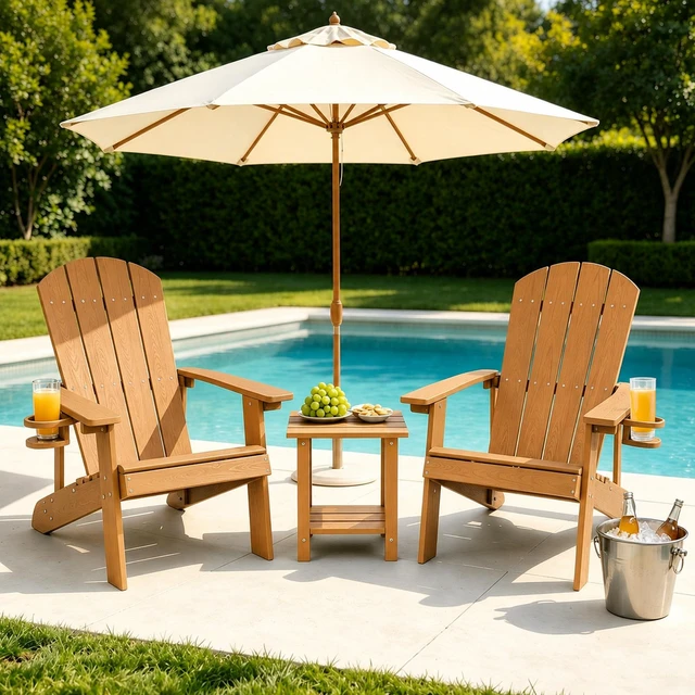 Alt view image 2 of 7 - HDPE Adirondack Chairs Set of 2, Outdoor Plastic Adirondack Chair with Cup Holders, All Weather Fire Pit Chair for Deck, Lawn, Backyard & Poolside, Teak