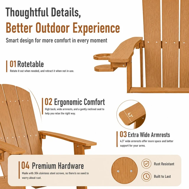 Alt view image 4 of 7 - HDPE Adirondack Chairs Set of 2, Outdoor Plastic Adirondack Chair with Cup Holders, All Weather Fire Pit Chair for Deck, Lawn, Backyard & Poolside, Teak