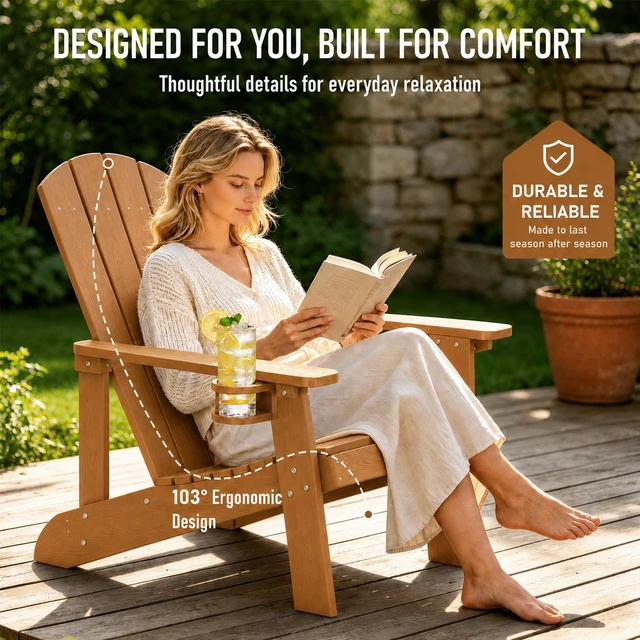 Alt view image 3 of 7 - HDPE Adirondack Chairs Set of 2, Outdoor Plastic Adirondack Chair with Cup Holders, All Weather Fire Pit Chair for Deck, Lawn, Backyard & Poolside, Teak