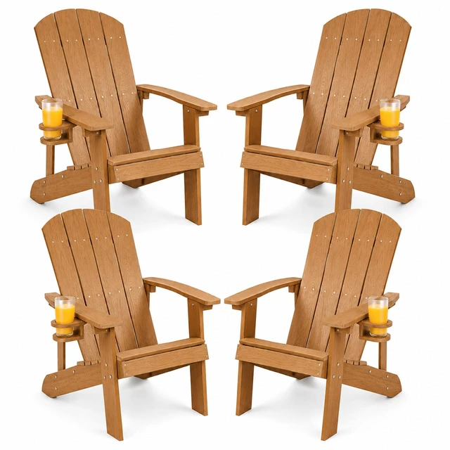 Main image of HDPE Adirondack Chairs Set of 4, Weather Resistant Patio Chair with Cup Holder, Wooden Textured, Fire Pit Chair for Deck Lawn Backyard & Poolside, Teak