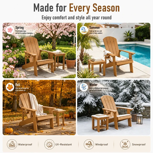 Alt view image 5 of 7 - HDPE Adirondack Chairs Set of 4, Weather Resistant Patio Chair with Cup Holder, Wooden Textured, Fire Pit Chair for Deck Lawn Backyard & Poolside, Teak