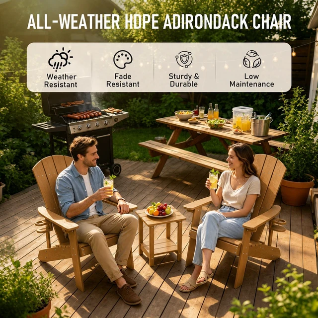 Alt view image 6 of 7 - HDPE Adirondack Chairs Set of 4, Weather Resistant Patio Chair with Cup Holder, Wooden Textured, Fire Pit Chair for Deck Lawn Backyard & Poolside, Teak