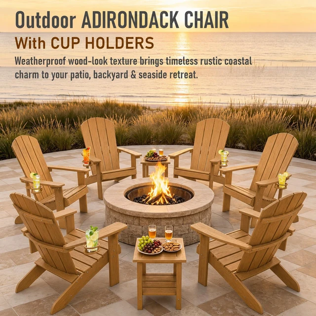 Alt view image 7 of 7 - HDPE Adirondack Chairs Set of 4, Weather Resistant Patio Chair with Cup Holder, Wooden Textured, Fire Pit Chair for Deck Lawn Backyard & Poolside, Teak