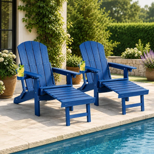 Main image of Folding Adjustable Adirondack Chairs with Footrest Set of 2, HDPE Adirondack Chair with Cup Holders & Phone Slot, All-Weather Patio Fire Pit Chair with Ottoman for Porch Lawn Deck, Blue