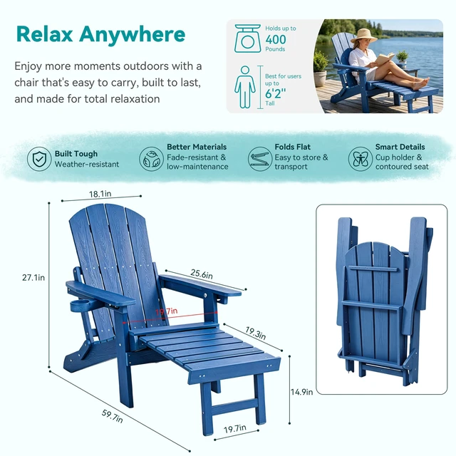 Alt view image 2 of 7 - Folding Adjustable Adirondack Chairs with Footrest Set of 2, HDPE Adirondack Chair with Cup Holders & Phone Slot, All-Weather Patio Fire Pit Chair with Ottoman for Porch Lawn Deck, Blue