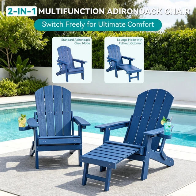 Alt view image 3 of 7 - Folding Adjustable Adirondack Chairs with Footrest Set of 2, HDPE Adirondack Chair with Cup Holders & Phone Slot, All-Weather Patio Fire Pit Chair with Ottoman for Porch Lawn Deck, Blue