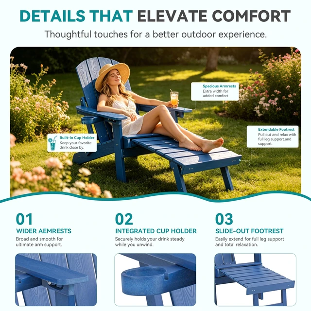 Alt view image 5 of 7 - Folding Adjustable Adirondack Chairs with Footrest Set of 2, HDPE Adirondack Chair with Cup Holders & Phone Slot, All-Weather Patio Fire Pit Chair with Ottoman for Porch Lawn Deck, Blue