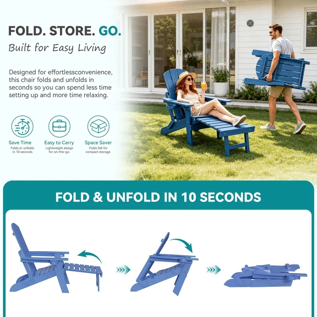 Alt view image 7 of 7 - Folding Adjustable Adirondack Chairs with Footrest Set of 2, HDPE Adirondack Chair with Cup Holders & Phone Slot, All-Weather Patio Fire Pit Chair with Ottoman for Porch Lawn Deck, Blue