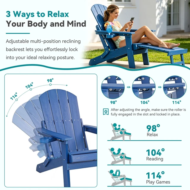 Alt view image 4 of 7 - Adjustable Folding Adirondack Chair with Footrest Set of 4, HDPE All-Weather Outdoor Chair with Cup Holders & Phone Slot, Heavy Duty Patio Fire Pit Chair Supports 400 lbs, Blue