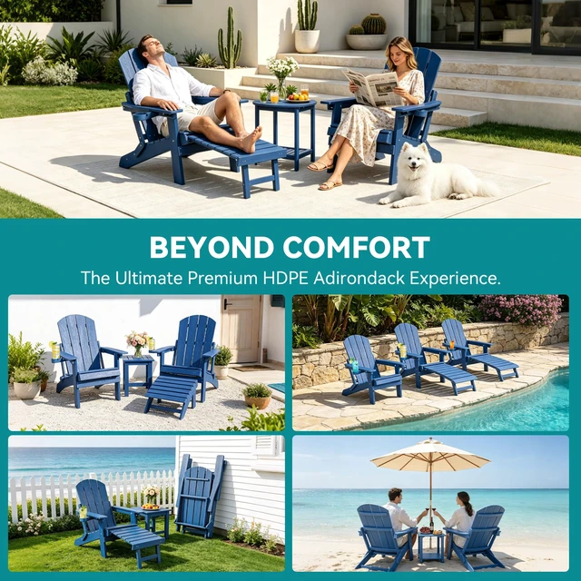 Alt view image 7 of 7 - Adjustable Folding Adirondack Chair with Footrest Set of 4, HDPE All-Weather Outdoor Chair with Cup Holders & Phone Slot, Heavy Duty Patio Fire Pit Chair Supports 400 lbs, Blue