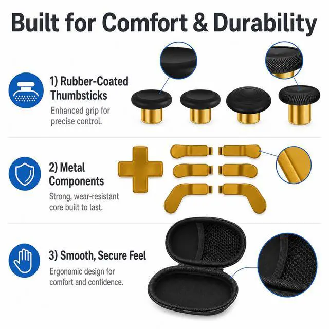 Alt view image 5 of 6 - QXWPBV 17-in-1 Metal Thumbsticks Paddles D-Pad Replacement Kit for Xbox Elite Series 2 / Elite Series 2 Core Controller Model 1797, Gold