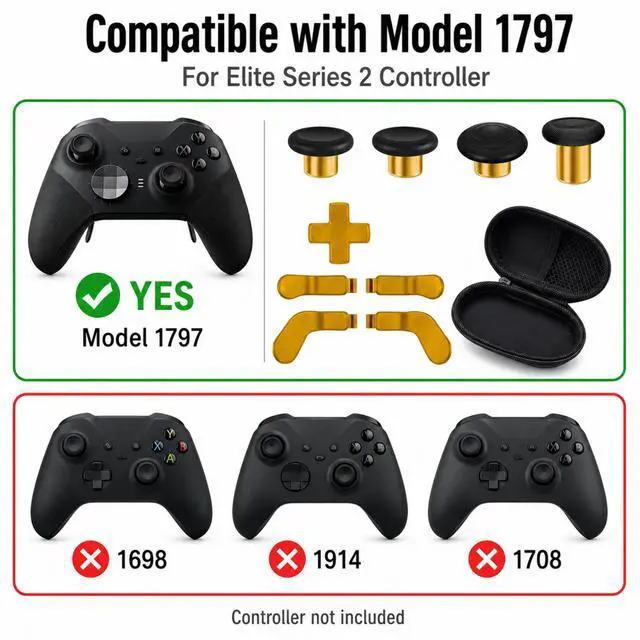 Alt view image 6 of 6 - QXWPBV 17-in-1 Metal Thumbsticks Paddles D-Pad Replacement Kit for Xbox Elite Series 2 / Elite Series 2 Core Controller Model 1797, Gold