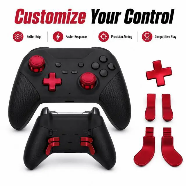 Alt view image 6 of 6 - QXWPBV 17-in-1 Metal Thumbsticks Paddles D-Pad Replacement Kit for Xbox Elite Series 2 / Elite Series 2 Core Controller Model 1797, Red