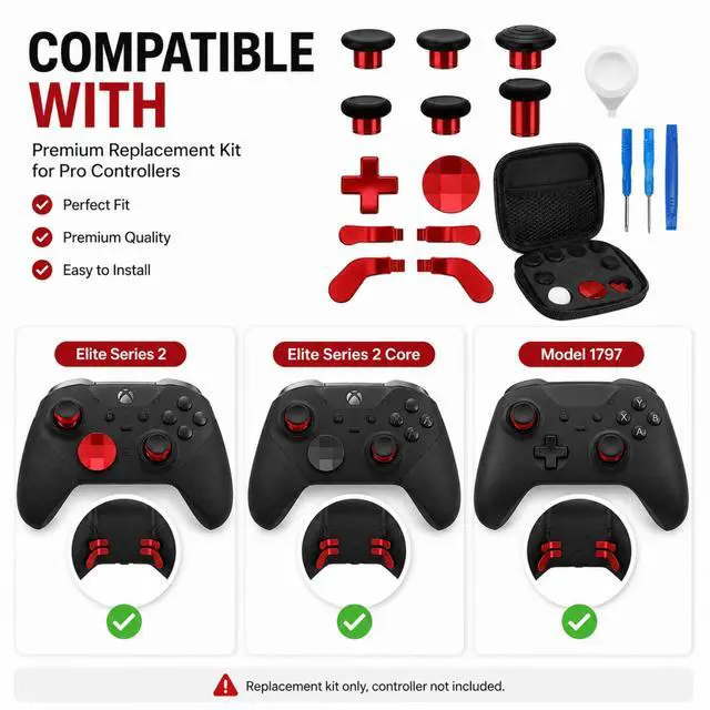 Alt view image 4 of 7 - QXWPBV 17-in-1 Metal Thumbsticks Paddles D-Pad Replacement Kit for Xbox Elite Series 2 Core Controller Model 1797, Red