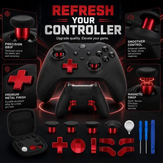 Alt view image 3 of 7 - QXWPBV 17-in-1 Metal Thumbsticks Paddles D-Pad Replacement Kit for Xbox Elite Series 2 Core Controller Model 1797, Red