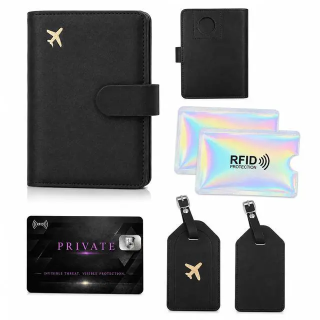 Main image of QXWPBV RFID Blocking Passport Holder Travel Wallet Set with Tracker Slot, 6 Piece, Black