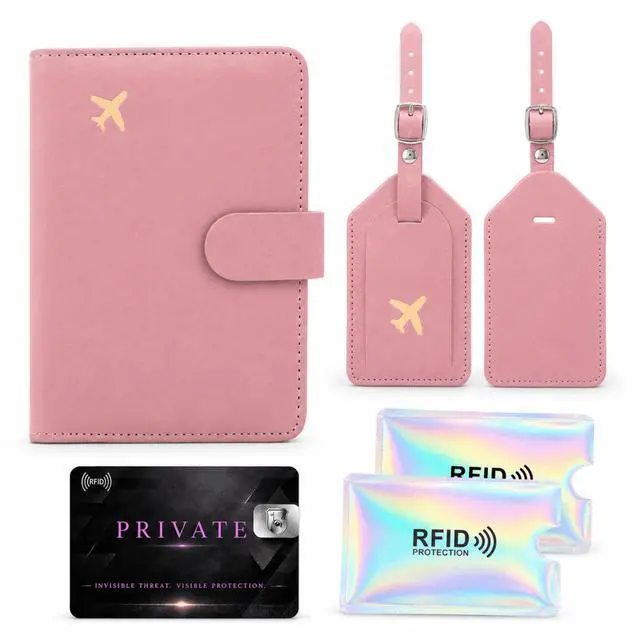 Main image of QXWPBV RFID Blocking Passport Holder Travel Wallet Set with Tracker Slot, 6 Piece, Pink