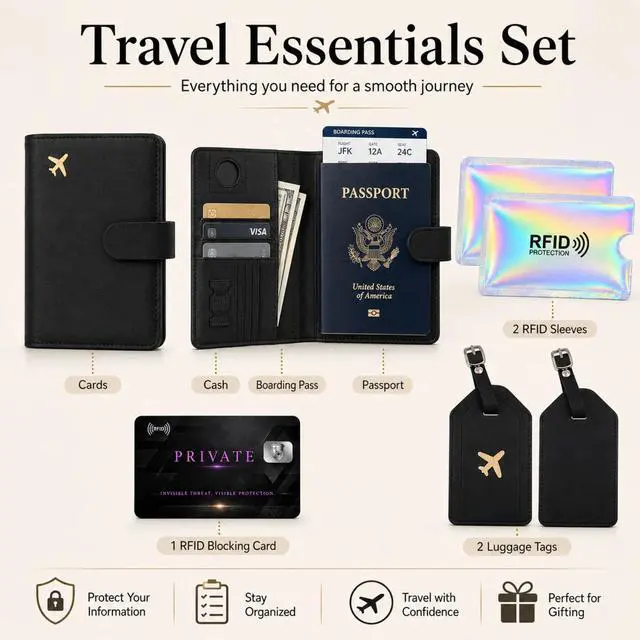 Alt view image 3 of 7 - QXWPBV RFID Blocking Passport Holder Travel Wallet Set with Tracker Slot, 6 Piece, Black