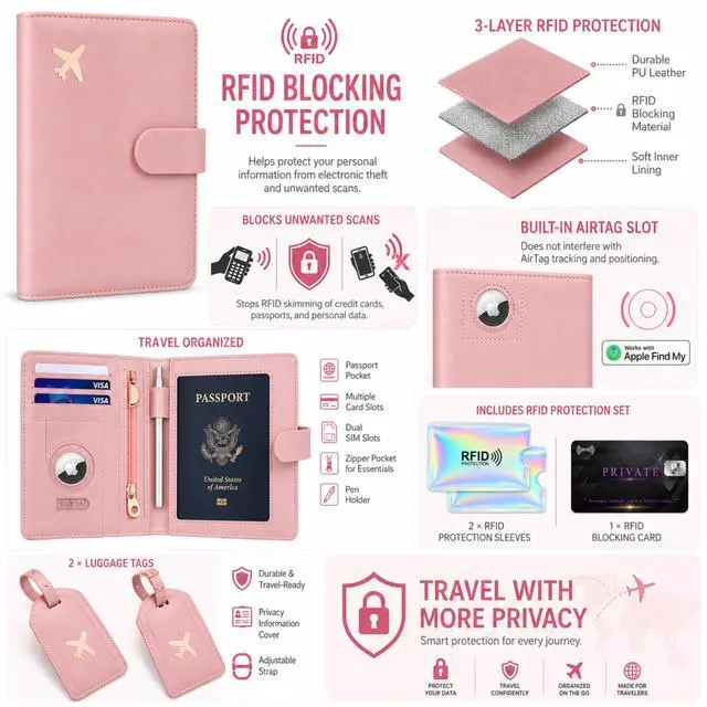 Alt view image 3 of 7 - QXWPBV RFID Blocking Passport Holder Travel Wallet Set with Tracker Slot, 6 Piece, Pink