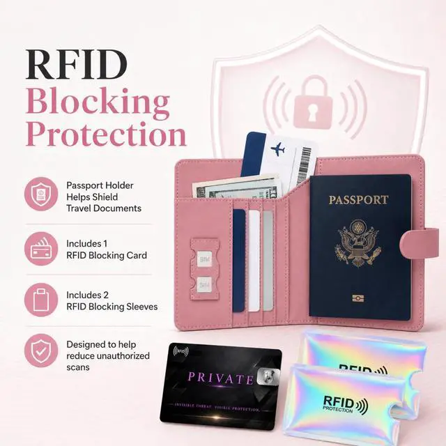 Alt view image 4 of 7 - QXWPBV RFID Blocking Passport Holder Travel Wallet Set with Tracker Slot, 6 Piece, Pink