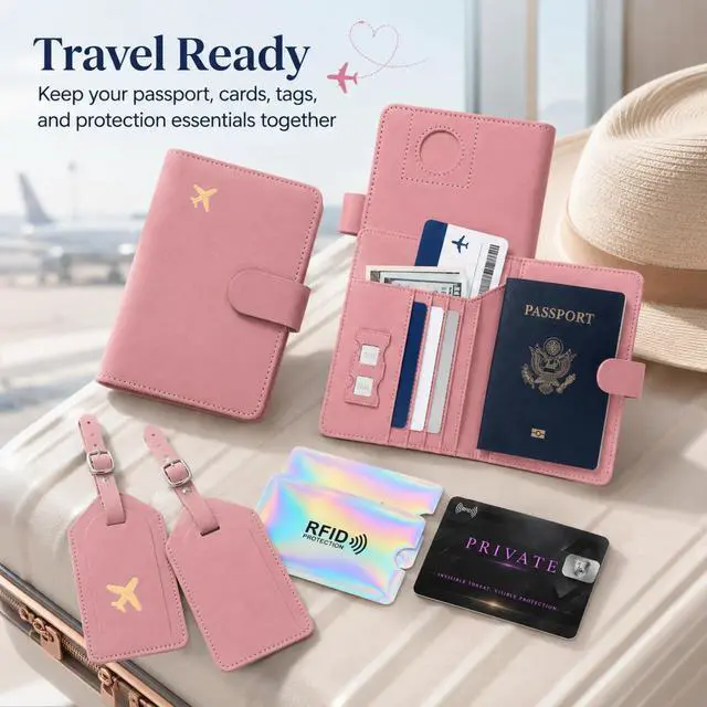 Alt view image 6 of 7 - QXWPBV RFID Blocking Passport Holder Travel Wallet Set with Tracker Slot, 6 Piece, Pink