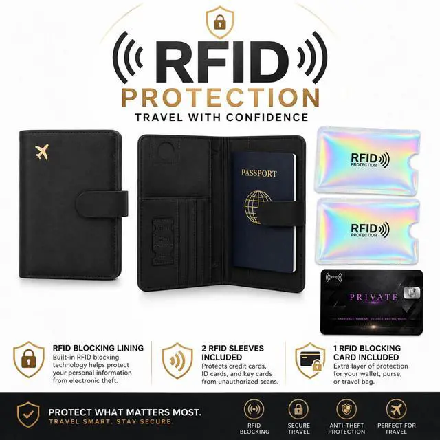 Alt view image 7 of 7 - QXWPBV RFID Blocking Passport Holder Travel Wallet Set with Tracker Slot, 6 Piece, Black