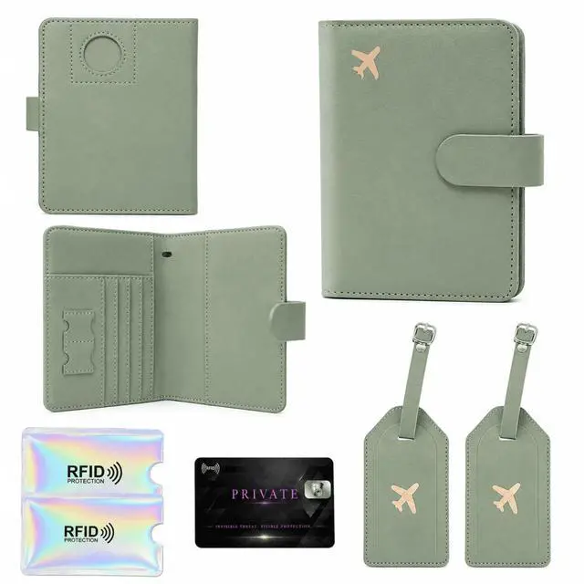 Main image of QXWPBV RFID Blocking Passport Holder Travel Wallet Set with Tracker Slot, 6 Piece, Sage Green