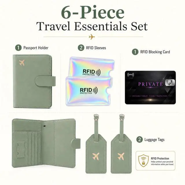 Alt view image 2 of 7 - QXWPBV RFID Blocking Passport Holder Travel Wallet Set with Tracker Slot, 6 Piece, Sage Green