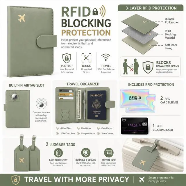 Alt view image 6 of 7 - QXWPBV RFID Blocking Passport Holder Travel Wallet Set with Tracker Slot, 6 Piece, Sage Green