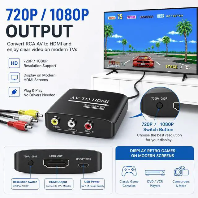 Alt view image 3 of 7 - QXWPBV Composite RCA AV to HDMI Converter, 1080p 720p Audio Video Adapter for Original Xbox Retro Consoles, Black