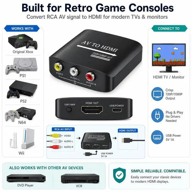 Alt view image 6 of 7 - QXWPBV Composite RCA AV to HDMI Converter, 1080p 720p Audio Video Adapter for Original Xbox Retro Consoles, Black