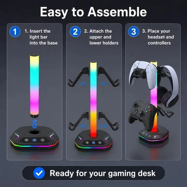 Alt view image 2 of 7 - QXWPBV RGB Headset Stand with Controller Holder, 4-in-1 Desk Organizer for PS5 PS4 Xbox Switch Controllers, Black